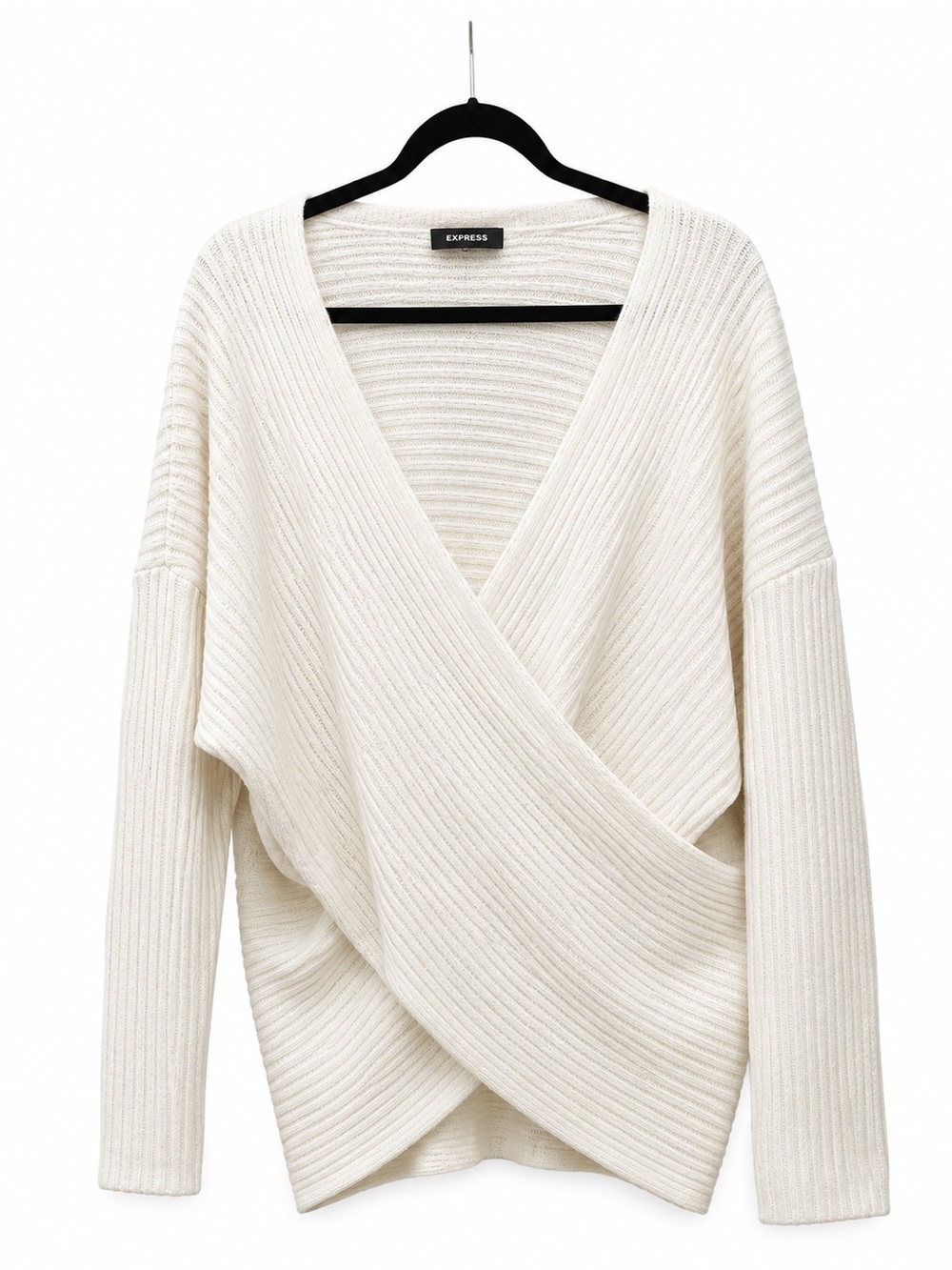 Express Cream Wrap-Front Ribbed V-Neck Sweater